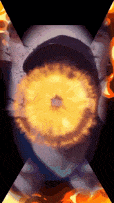 a close up of a person 's face with a pineapple slice in the middle