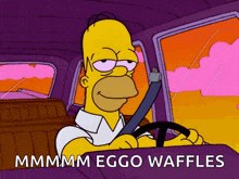 homer simpson driving a car with the words eggo waffles written below him