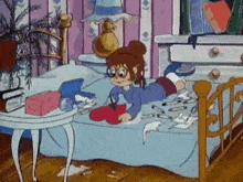 a cartoon girl is laying on a bed in a messy room with a heart on her pillow .