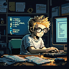 a pixel art of a person using a computer