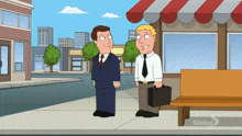 a cartoon of two men standing next to each other with the word global on the bottom