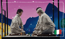 a drawing of three people sitting on a ledge with a flag in the background