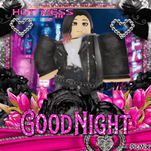 a picture of a girl with the words good night written in pink