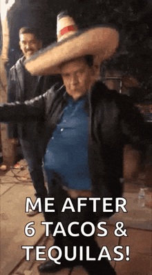 a man wearing a sombrero is dancing and says me after 6 tacos & tequilas !
