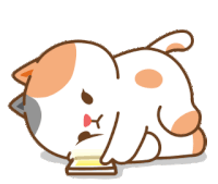 a cartoon cat is laying on its back with a piece of cake in its mouth