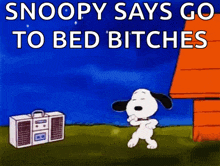 snoopy says go to bed bitches in a cartoon