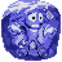 a pixel art drawing of a blue sphere with a face and a tie .