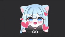 a cartoon of a girl with blue hair and cat ears holding hearts