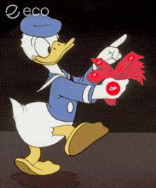 a cartoon of donald duck holding a fan of money and pointing at it