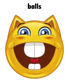 a smiley face with a cat ear and the word balls written below it