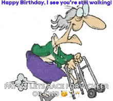 a cartoon of a man with a walker says happy birthday