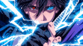 a close up of a person holding a sword with a lightning behind them