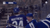 a group of toronto maple leafs hockey players celebrate