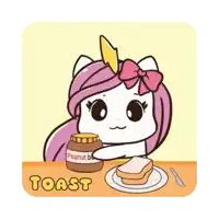 a unicorn holding a jar of peanut butter next to a plate of toast