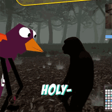 a video game shows a bird and a gorilla and says holy on the bottom