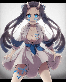 a drawing of a girl with blue eyes and blue butterflies on her thighs