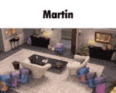 a group of teddy bears are standing in a living room with the name martin above them