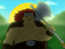 a cartoon of a man holding an axe with the sun behind him