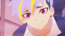 a close up of a cartoon character with pink eyes