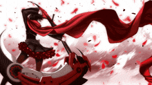 a girl with a red scarf around her neck holds a sword