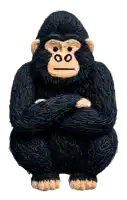 a stuffed gorilla with its arms crossed and a face that says ' 00 ' on it
