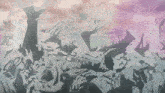 a painting of a landscape with a purple sky and a bunch of skeletons