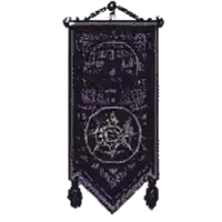 a black and purple banner with a circle in the center