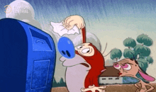 a cartoon of a monkey holding a napkin in front of a television .