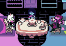 a video game character is sitting at a table with a cake on it .