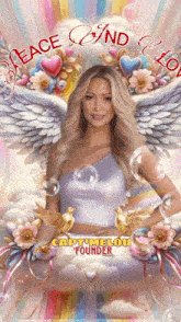 a painting of a woman with wings and the words peace and love behind her