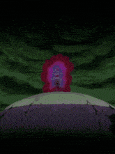 a cartoon character is standing in front of a green and purple object