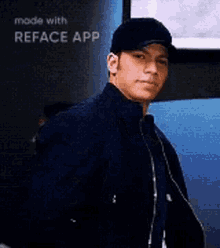 a man wearing a black hat and a blue jacket made with reface app