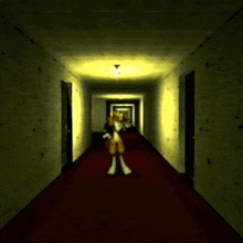 a cartoon character is walking down a hallway in a dark room