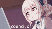 a girl is sitting in front of a computer with the words council of vros below her