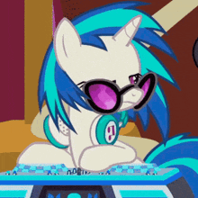 a cartoon pony wearing sunglasses and headphones with the letter b on her chest