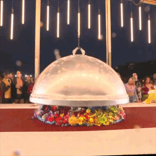 a group of people are gathered around a large dome with flowers on it