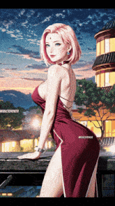 a woman in a red dress is standing in front of a building with the word directorpath on the bottom