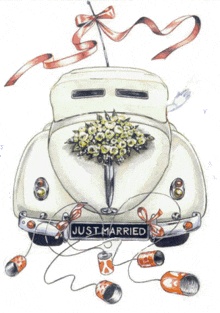 a just married car with a bouquet of flowers