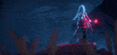 a person with red gloves is holding a red wand
