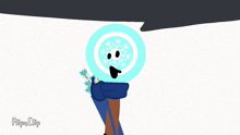 a cartoon drawing of a person holding an arrow and a circle with a face on it