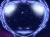 a glowing sphere with a face on it is surrounded by purple lightning