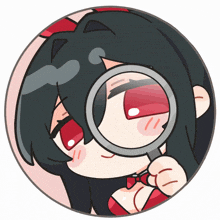 a cartoon of a girl with red eyes looking through a magnifying glass