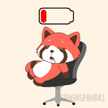 a cartoon of a red panda sitting in an office chair with a low battery icon above it