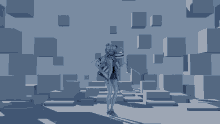 a 3d rendering of a girl standing in a room surrounded by cubes