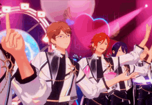 a group of anime characters are dancing in front of a heart