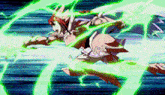 a cartoon character is running through a circle of green lights .