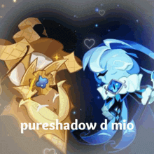 a couple of cartoon characters standing next to each other with the words pureshadow d mio above them