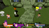a group of cartoon characters are standing in front of a house in a game