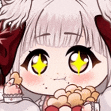 a close up of a cartoon girl with a star in her eyes eating a cupcake .