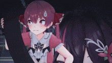 two anime girls are standing next to each other and one of them is holding a phone